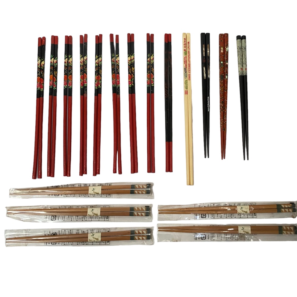 Lot of 18 Pair of Chopsticks - 5 styles - Wo Fat Souvenir pair - inlaid abalone